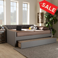 Baxton Studio CF9046-Light Grey-Daybed-Q/T Haylie Modern and Contemporary Light Grey Fabric Upholstered Queen Size Daybed with Roll-Out Trundle Bed